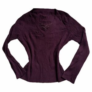 Plum Purple Ribbed Lace Trim V-Neck Top Stretch Knit Long Sleeve